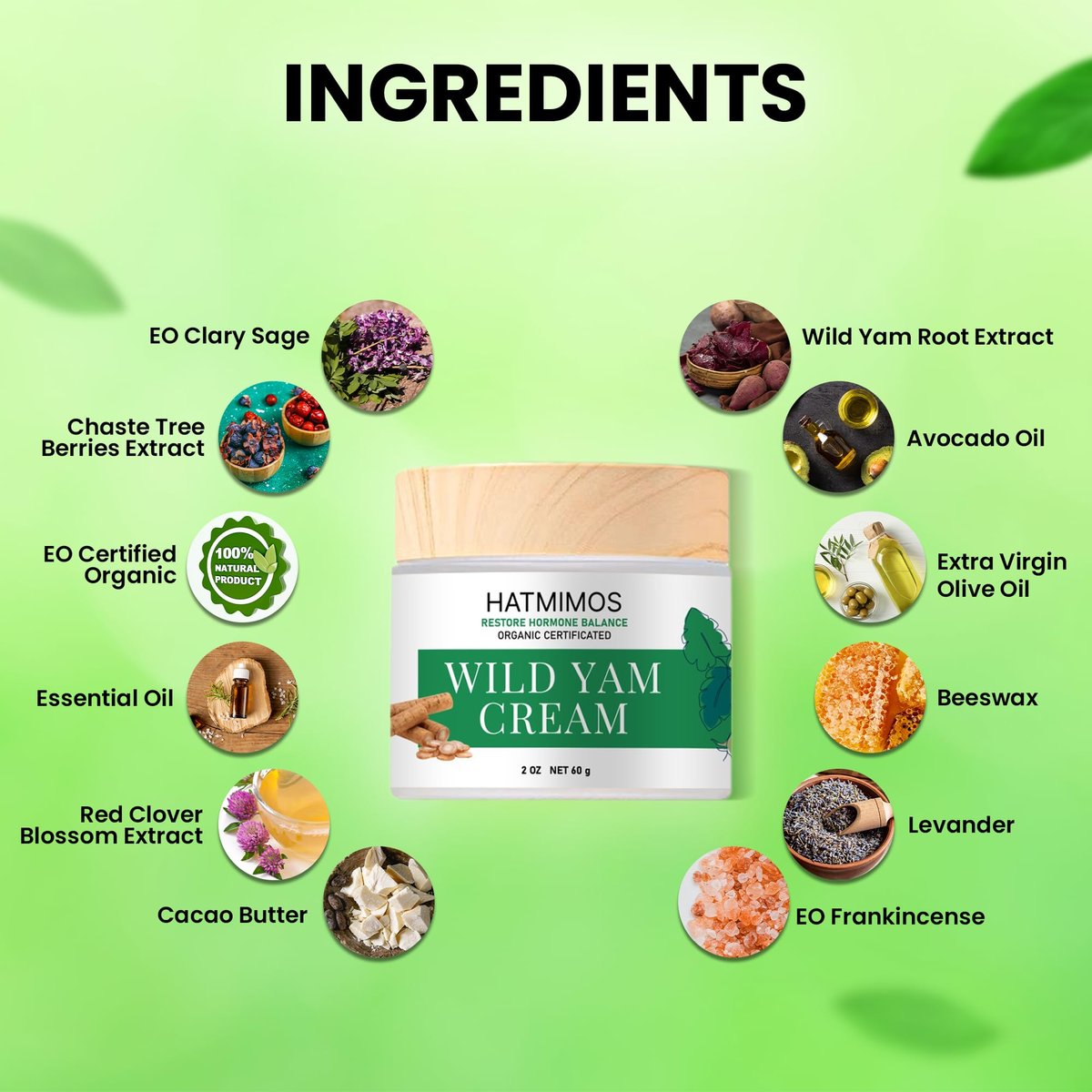 HATMIMOS Wild Yam Creme – 56g Bio Wild Yam Wurzel Creme für Hormonbalance, Unterstützung bei Perimenopause & Wechseljahre, Progesteron, Wild Yam Creme für Frauen & Männer, unparfümiert für alle Hauttypen