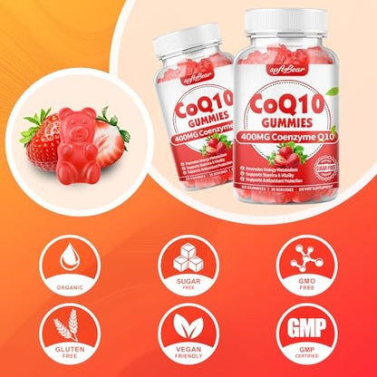 softbear CoQ10 Gummies 400mg – Coenzym Q10 mit Omega-3, Magnesium, Vitamin B3 & Zink für Energie und Antioxidantien, Erdbeergeschmack, 60 Stück