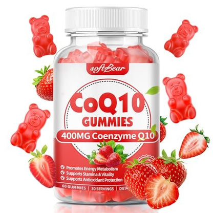 softbear CoQ10 Gummies 400mg – Coenzym Q10 mit Omega-3, Magnesium, Vitamin B3 & Zink für Energie und Antioxidantien, Erdbeergeschmack, 60 Stück