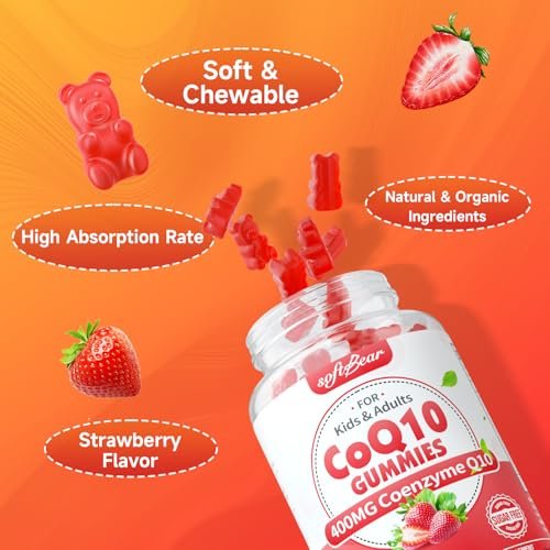 softbear CoQ10 Gummies 400mg – Coenzym Q10 mit Omega-3, Magnesium, Vitamin B3 & Zink für Energie und Antioxidantien, Erdbeergeschmack, 60 Stück