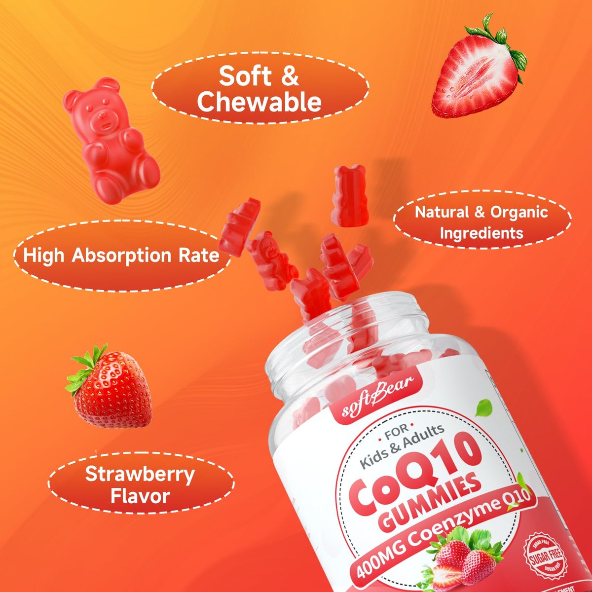 softbear CoQ10 Gummies 400mg – Coenzym Q10 mit Omega-3, Magnesium, Vitamin B3 & Zink für Energie und Antioxidantien, Erdbeergeschmack, 60 Stück