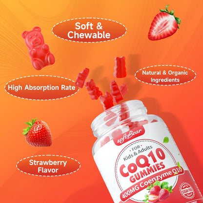 softbear CoQ10 Gummies 400mg – Coenzym Q10 mit Omega-3, Magnesium, Vitamin B3 & Zink für Energie und Antioxidantien, Erdbeergeschmack, 60 Stück