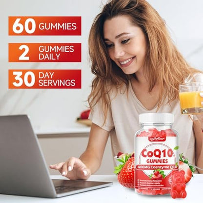 softbear CoQ10 Gummies 400mg – Coenzym Q10 mit Omega-3, Magnesium, Vitamin B3 & Zink für Energie und Antioxidantien, Erdbeergeschmack, 60 Stück