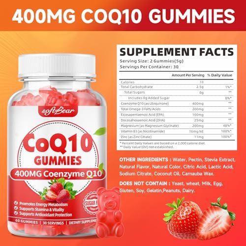softbear CoQ10 Gummies 400mg – Coenzym Q10 mit Omega-3, Magnesium, Vitamin B3 & Zink für Energie und Antioxidantien, Erdbeergeschmack, 60 Stück