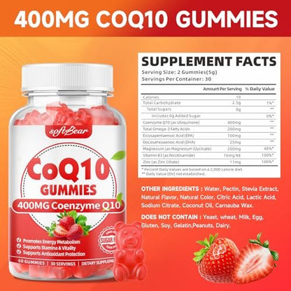 softbear CoQ10 Gummies 400mg – Coenzym Q10 mit Omega-3, Magnesium, Vitamin B3 & Zink für Energie und Antioxidantien, Erdbeergeschmack, 60 Stück
