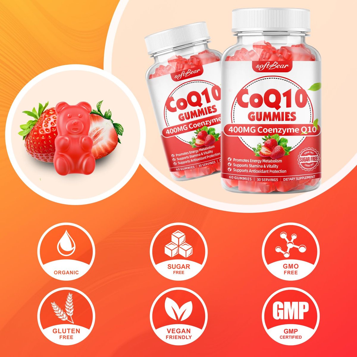 softbear CoQ10 Gummies 400mg – Coenzym Q10 mit Omega-3, Magnesium, Vitamin B3 & Zink für Energie und Antioxidantien, Erdbeergeschmack, 60 Stück