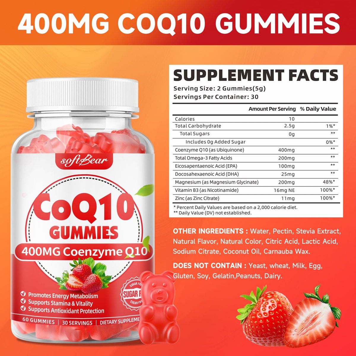 softbear CoQ10 Gummies 400mg – Coenzym Q10 mit Omega-3, Magnesium, Vitamin B3 & Zink für Energie und Antioxidantien, Erdbeergeschmack, 60 Stück