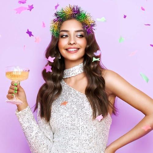 Watayo 2-teiliges Mardi Gras Stirnband für Damen – Verstellbares Glitzer-Pom-Pom-Haarband in Lila, Grün, Gold – Tinsel-Kopfschmuck für Maskerade, Umzug, Partyzubehör