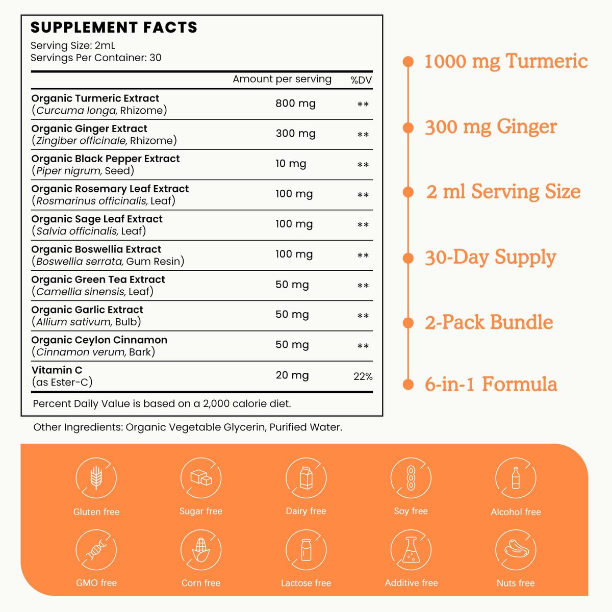 (2er Pack) Bio-Turmerikum Curcumin mit Schwarzem Pfeffer und Ingwer – Flüssige Turmeric-Extrakt-Tropfen (mit Zimt, Rosmarin) – Unterstützt Beweglichkeit und Flexibilität sowie Verdauungsgesundheit – 2x 30 ml