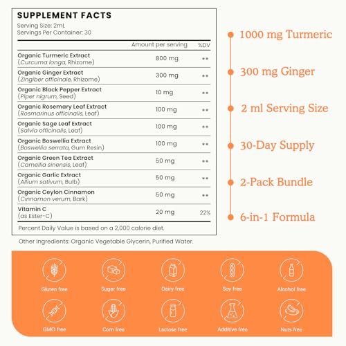 (2er Pack) Bio-Turmerikum Curcumin mit Schwarzem Pfeffer und Ingwer – Flüssige Turmeric-Extrakt-Tropfen (mit Zimt, Rosmarin) – Unterstützt Beweglichkeit und Flexibilität sowie Verdauungsgesundheit – 2x 30 ml