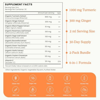 (2er Pack) Bio-Turmerikum Curcumin mit Schwarzem Pfeffer und Ingwer – Flüssige Turmeric-Extrakt-Tropfen (mit Zimt, Rosmarin) – Unterstützt Beweglichkeit und Flexibilität sowie Verdauungsgesundheit – 2x 30 ml