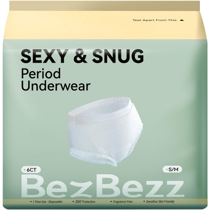 BezBezz Einweg Menstruationsunterwäsche für Damen S/M, 360° auslaufsichere Periodenslips für starke Tage, Nacht, Wochenbett und Inkontinenz, geruchskontrollierend, atmungsaktiv, bequem & sicher, 6 Stück