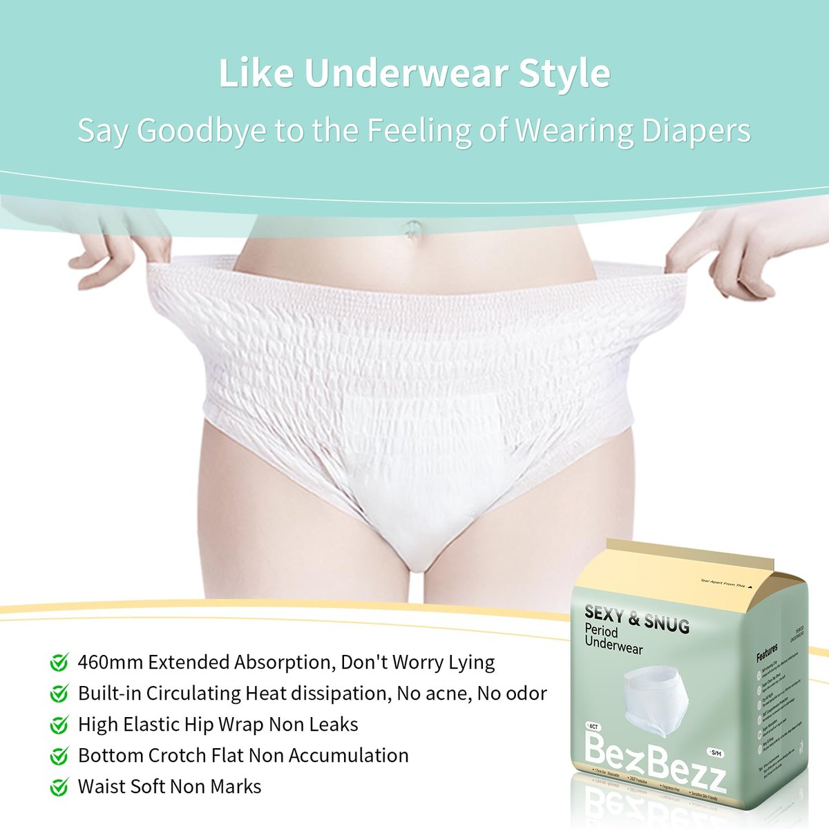 BezBezz Einweg Menstruationsunterwäsche für Damen S/M, 360° auslaufsichere Periodenslips für starke Tage, Nacht, Wochenbett und Inkontinenz, geruchskontrollierend, atmungsaktiv, bequem & sicher, 6 Stück