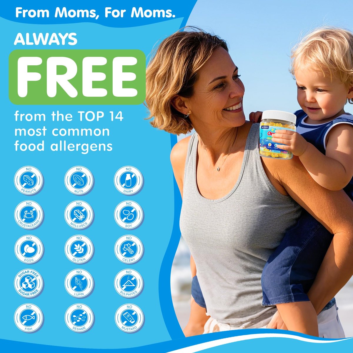 NEVISS Omega-3 Gummis für Kinder + Calcium 400mg + Vitamin D3 K2 + C – Omega-3 DHA & EPA Nahrungsergänzung ohne Fischgeschmack, ohne Zucker – für starke Knochen, Gehirn, Immunsystem, Augen – 60 Stück