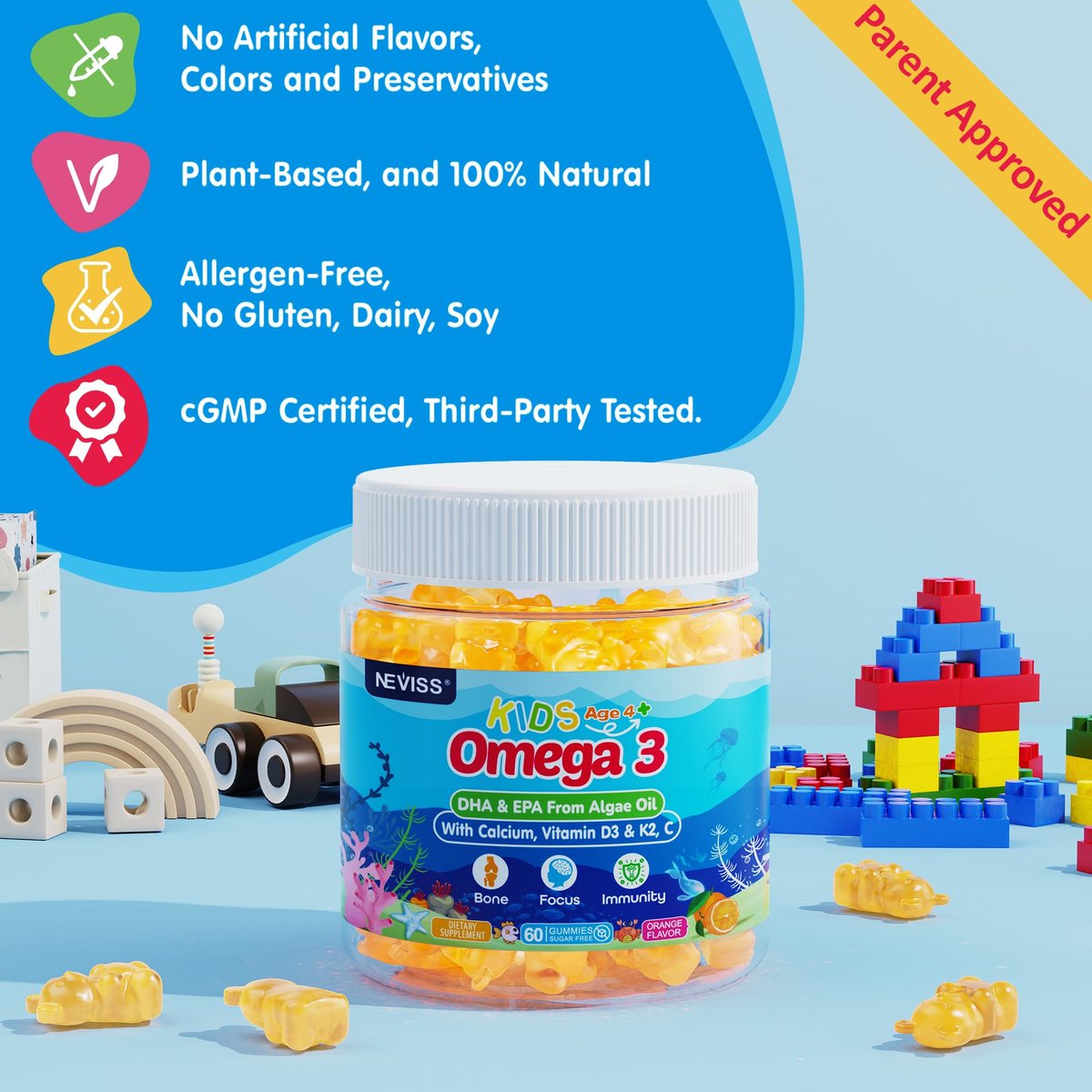 NEVISS Omega-3 Gummis für Kinder + Calcium 400mg + Vitamin D3 K2 + C – Omega-3 DHA & EPA Nahrungsergänzung ohne Fischgeschmack, ohne Zucker – für starke Knochen, Gehirn, Immunsystem, Augen – 60 Stück