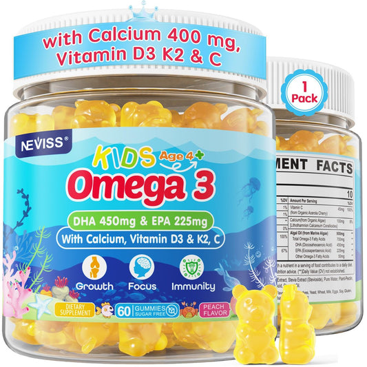 NEVISS Omega-3 Gummis für Kinder + Calcium 400mg + Vitamin D3 K2 + C – Omega-3 DHA & EPA Nahrungsergänzung ohne Fischgeschmack, ohne Zucker – für starke Knochen, Gehirn, Immunsystem, Augen – 60 Stück
