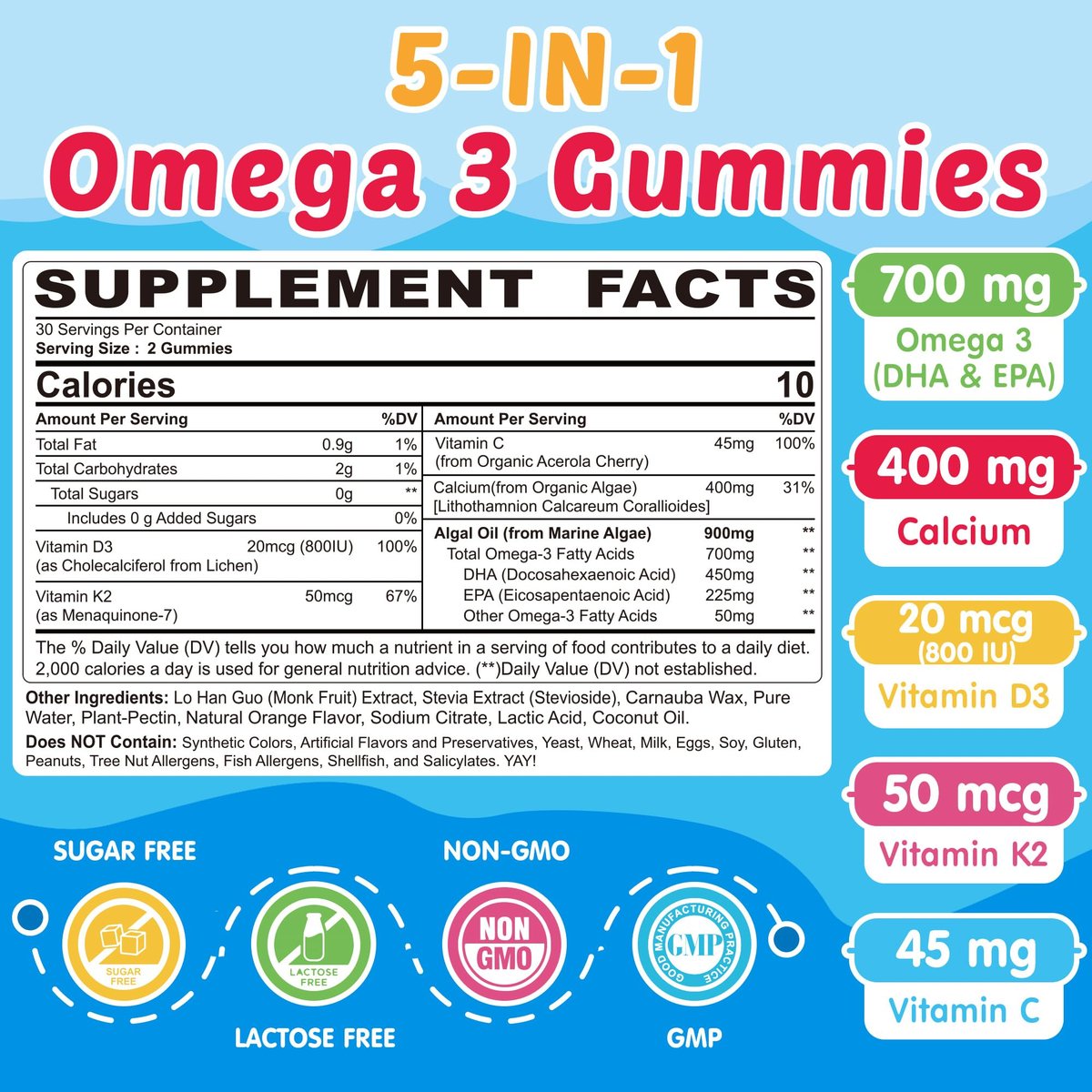 NEVISS Omega-3 Gummis für Kinder + Calcium 400mg + Vitamin D3 K2 + C – Omega-3 DHA & EPA Nahrungsergänzung ohne Fischgeschmack, ohne Zucker – für starke Knochen, Gehirn, Immunsystem, Augen – 60 Stück