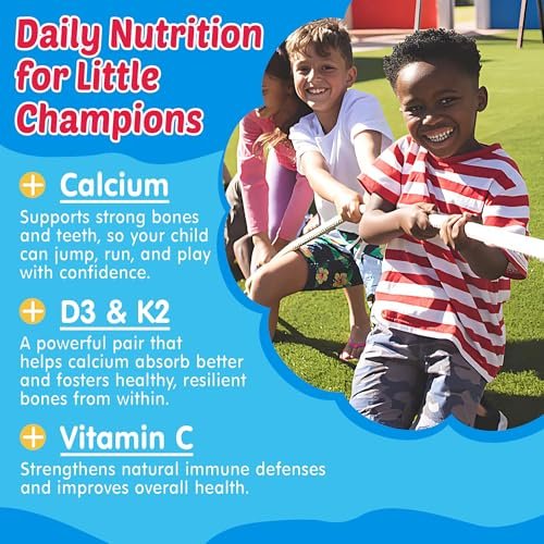 NEVISS Omega-3 Gummis für Kinder + Calcium 400mg + Vitamin D3 K2 + C – Omega-3 DHA & EPA Nahrungsergänzung ohne Fischgeschmack, ohne Zucker – für starke Knochen, Gehirn, Immunsystem, Augen – 60 Stück