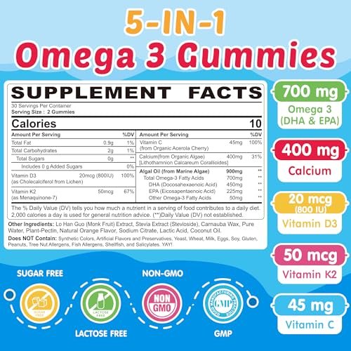 NEVISS Omega-3 Gummis für Kinder + Calcium 400mg + Vitamin D3 K2 + C – Omega-3 DHA & EPA Nahrungsergänzung ohne Fischgeschmack, ohne Zucker – für starke Knochen, Gehirn, Immunsystem, Augen – 60 Stück