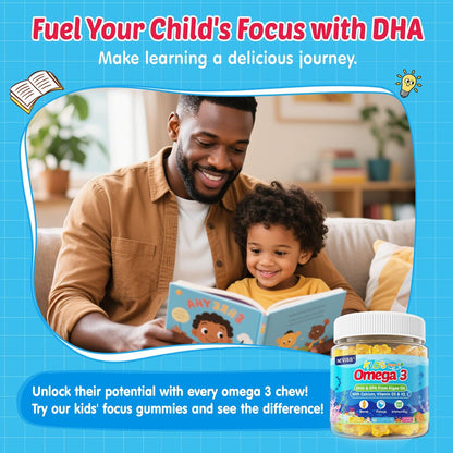 NEVISS Omega-3 Gummis für Kinder + Calcium 400mg + Vitamin D3 K2 + C – Omega-3 DHA & EPA Nahrungsergänzung ohne Fischgeschmack, ohne Zucker – für starke Knochen, Gehirn, Immunsystem, Augen – 60 Stück