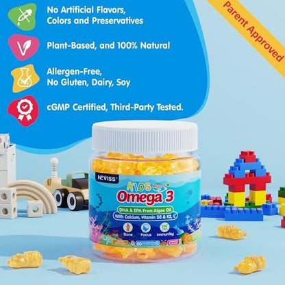 NEVISS Omega-3 Gummis für Kinder + Calcium 400mg + Vitamin D3 K2 + C – Omega-3 DHA & EPA Nahrungsergänzung ohne Fischgeschmack, ohne Zucker – für starke Knochen, Gehirn, Immunsystem, Augen – 60 Stück