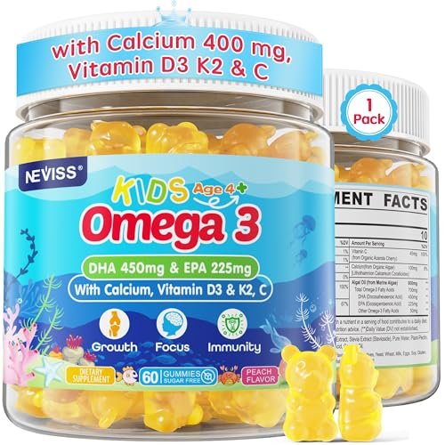 NEVISS Omega-3 Gummis für Kinder + Calcium 400mg + Vitamin D3 K2 + C – Omega-3 DHA & EPA Nahrungsergänzung ohne Fischgeschmack, ohne Zucker – für starke Knochen, Gehirn, Immunsystem, Augen – 60 Stück