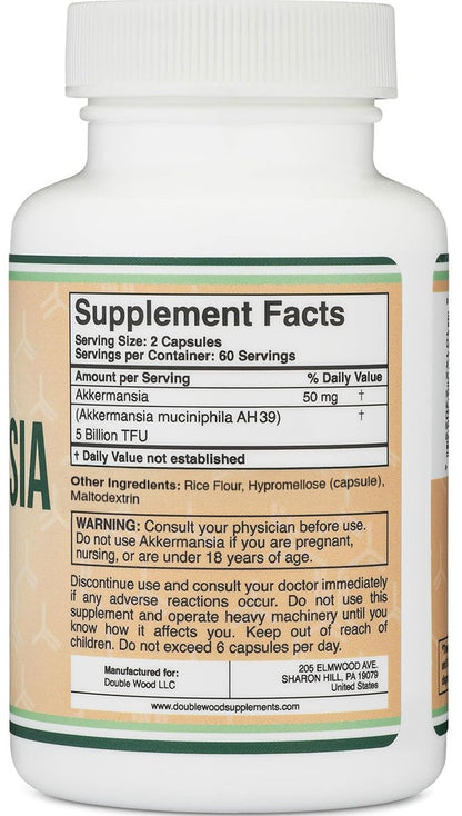 Akkermansia Probiotikum und Postbiotikum (Steigert GLP-1 Produktion) 120 Kapseln, 50 mg pro Portion (Drittanbieter getestet auf 5 Milliarden TFU pro Portion, 50 Milliarden CFU pro Gramm) von Double Wood