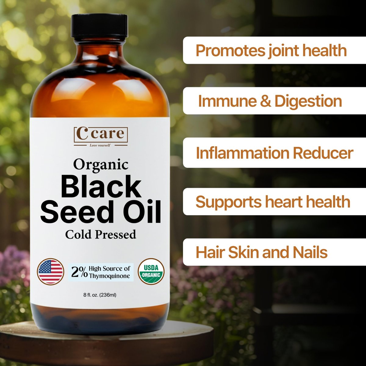 Bio Schwarzkümmelöl kaltgepresst unraffiniert in Glasflasche | USDA Bio Schwarzkümmelsamenöl | Hoher Thymochinon-Gehalt Omega 3 6 9 | Für Immununterstützung, Gelenke, Verdauung, Haare & Haut | 240 ml