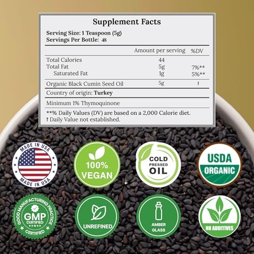 Bio Schwarzkümmelöl kaltgepresst unraffiniert in Glasflasche | USDA Bio Schwarzkümmelsamenöl | Hoher Thymochinon-Gehalt Omega 3 6 9 | Für Immununterstützung, Gelenke, Verdauung, Haare & Haut | 240 ml