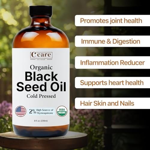 Bio Schwarzkümmelöl kaltgepresst unraffiniert in Glasflasche | USDA Bio Schwarzkümmelsamenöl | Hoher Thymochinon-Gehalt Omega 3 6 9 | Für Immununterstützung, Gelenke, Verdauung, Haare & Haut | 240 ml