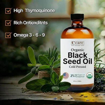Bio Schwarzkümmelöl kaltgepresst unraffiniert in Glasflasche | USDA Bio Schwarzkümmelsamenöl | Hoher Thymochinon-Gehalt Omega 3 6 9 | Für Immununterstützung, Gelenke, Verdauung, Haare & Haut | 240 ml
