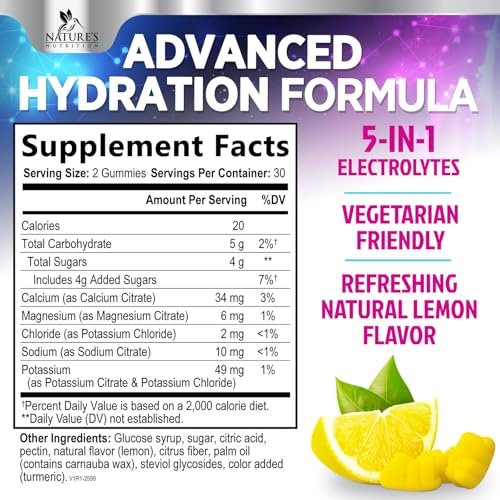 Hydration Electrolyte Gummies – Täglicher Flüssigkeitsersatz mit Mineralien, Kalium und echtem Salz – Vegan, Nicht-GVO – Leckerer Zitronengeschmack – 60 Gummis