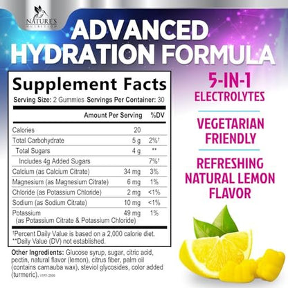Hydration Electrolyte Gummies – Täglicher Flüssigkeitsersatz mit Mineralien, Kalium und echtem Salz – Vegan, Nicht-GVO – Leckerer Zitronengeschmack – 60 Gummis
