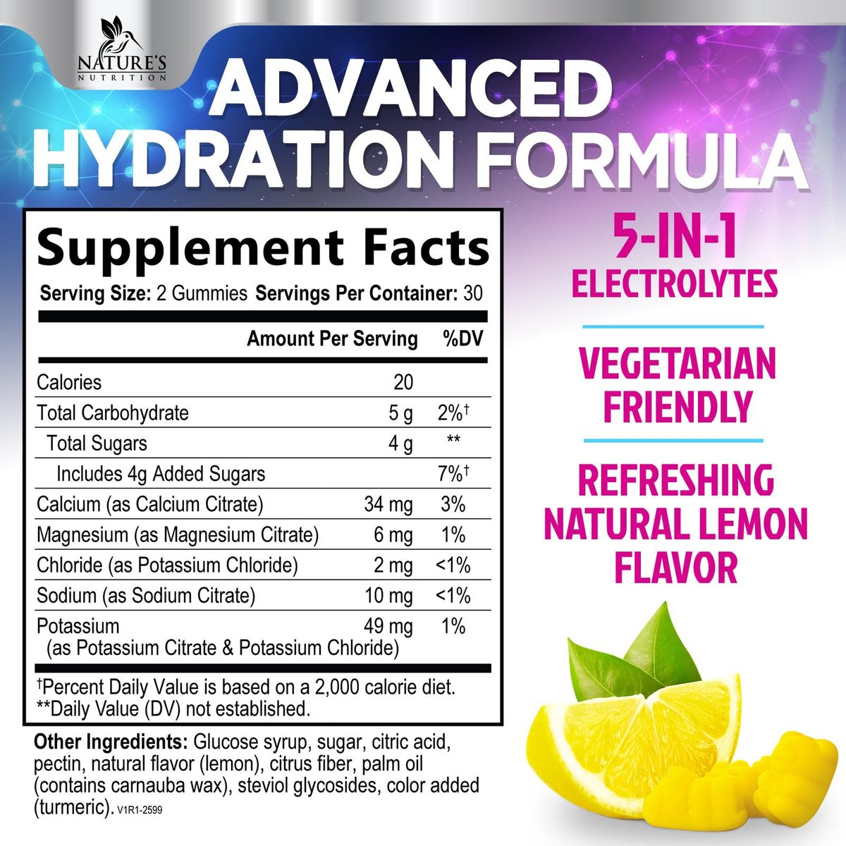 Hydration Electrolyte Gummies – Täglicher Flüssigkeitsersatz mit Mineralien, Kalium und echtem Salz – Vegan, Nicht-GVO – Leckerer Zitronengeschmack – 60 Gummis