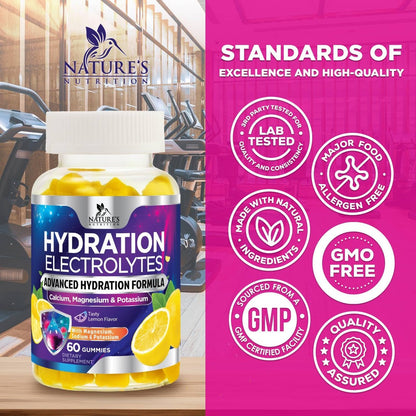 Hydration Electrolyte Gummies – Täglicher Flüssigkeitsersatz mit Mineralien, Kalium und echtem Salz – Vegan, Nicht-GVO – Leckerer Zitronengeschmack – 60 Gummis