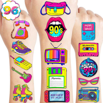 Retro 90er 80er Temporäre Tattoos für Kinder - Bunte Designs, 96 Stück - Perfekt für Mottopartys, Geburtstagsfeiern, Dekoration, Mitgebsel - Lustige Sticker Tattoo Geschenke für Mädchen und Jungen