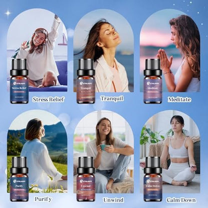 Relax Ätherische Öle Set, Diffusoröl für Zuhause, Luftbefeuchter, Kerzenherstellung, Aromatherapie - Stressabbau, Beruhigung, Entspannung, Meditation, Reinigung, 6x10ml