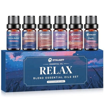 Relax Ätherische Öle Set, Diffusoröl für Zuhause, Luftbefeuchter, Kerzenherstellung, Aromatherapie - Stressabbau, Beruhigung, Entspannung, Meditation, Reinigung, 6x10ml