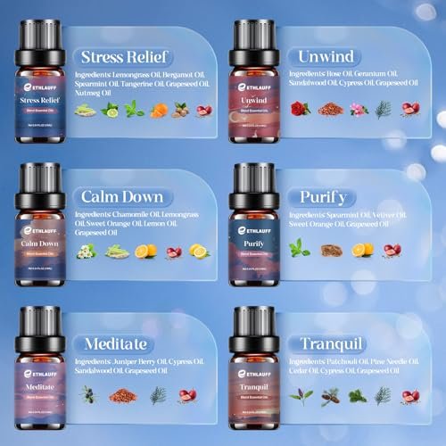 Relax Ätherische Öle Set, Diffusoröl für Zuhause, Luftbefeuchter, Kerzenherstellung, Aromatherapie - Stressabbau, Beruhigung, Entspannung, Meditation, Reinigung, 6x10ml