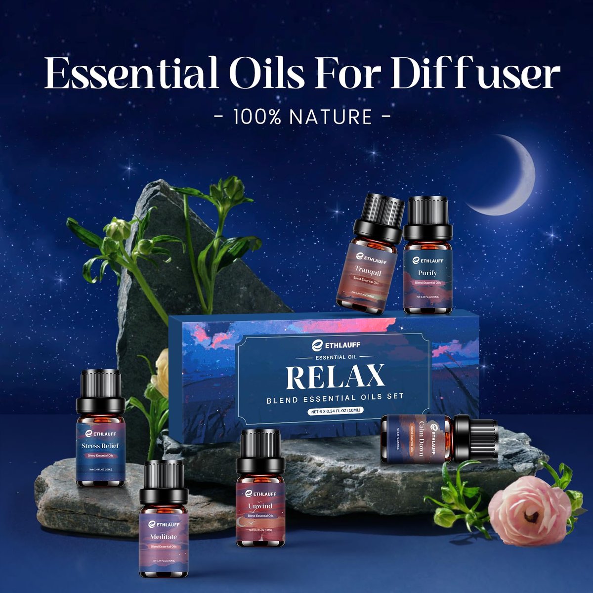 Relax Ätherische Öle Set, Diffusoröl für Zuhause, Luftbefeuchter, Kerzenherstellung, Aromatherapie - Stressabbau, Beruhigung, Entspannung, Meditation, Reinigung, 6x10ml