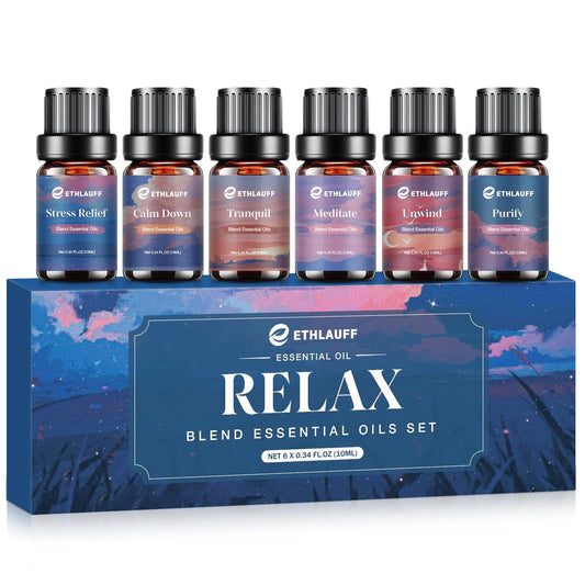 Relax Ätherische Öle Set, Diffusoröl für Zuhause, Luftbefeuchter, Kerzenherstellung, Aromatherapie - Stressabbau, Beruhigung, Entspannung, Meditation, Reinigung, 6x10ml