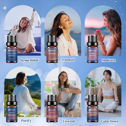 Relax Ätherische Öle Set, Diffusoröl für Zuhause, Luftbefeuchter, Kerzenherstellung, Aromatherapie - Stressabbau, Beruhigung, Entspannung, Meditation, Reinigung, 6x10ml