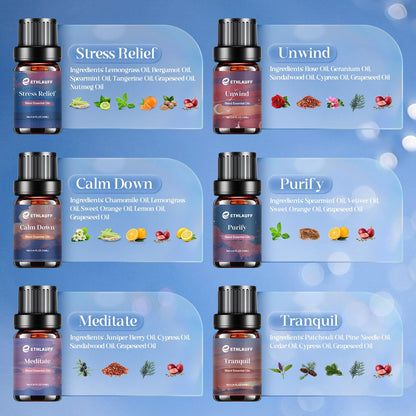 Relax Ätherische Öle Set, Diffusoröl für Zuhause, Luftbefeuchter, Kerzenherstellung, Aromatherapie - Stressabbau, Beruhigung, Entspannung, Meditation, Reinigung, 6x10ml