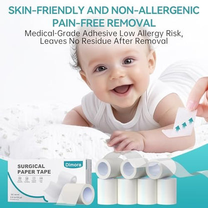 Dimora Paper Medical Tape 8 Rollen - Hypoallergenes weißes chirurgisches Klebeband für empfindliche Haut, atmungsaktives Erste-Hilfe-Wundband mit schmerzfreiem Entfernen, sichert Verbände und medizinische Geräte - 2" x 10 Yards