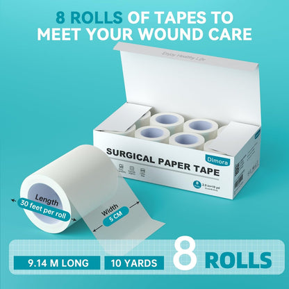 Dimora Paper Medical Tape 8 Rollen - Hypoallergenes weißes chirurgisches Klebeband für empfindliche Haut, atmungsaktives Erste-Hilfe-Wundband mit schmerzfreiem Entfernen, sichert Verbände und medizinische Geräte - 2" x 10 Yards