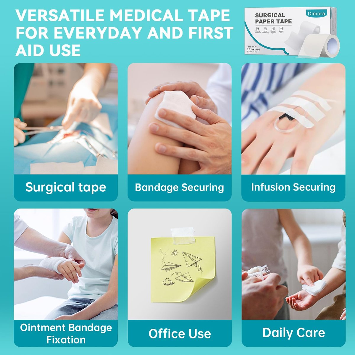 Dimora Paper Medical Tape 8 Rollen - Hypoallergenes weißes chirurgisches Klebeband für empfindliche Haut, atmungsaktives Erste-Hilfe-Wundband mit schmerzfreiem Entfernen, sichert Verbände und medizinische Geräte - 2" x 10 Yards