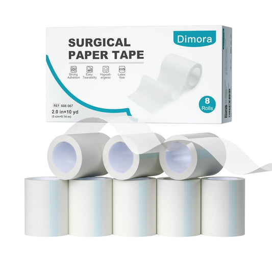 Dimora Paper Medical Tape 8 Rollen - Hypoallergenes weißes chirurgisches Klebeband für empfindliche Haut, atmungsaktives Erste-Hilfe-Wundband mit schmerzfreiem Entfernen, sichert Verbände und medizinische Geräte - 2" x 10 Yards