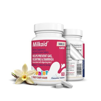 Milkaid Junior Lactase Enzym Kautabletten für Kinder bei Laktoseintoleranz | Verhindert Blähungen, Völlegefühl, Durchfall | Schnell wirkendes Milchzucker-Verdauungsergänzungsmittel für Kinder | 60 Tabletten (Vanillegeschmack)