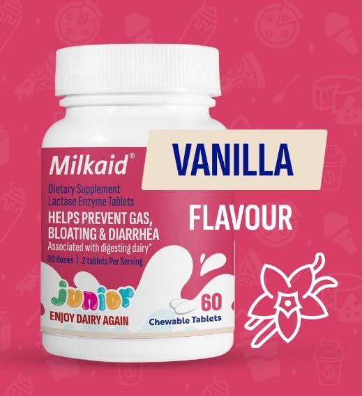 Milkaid Junior Lactase Enzym Kautabletten für Kinder bei Laktoseintoleranz | Verhindert Blähungen, Völlegefühl, Durchfall | Schnell wirkendes Milchzucker-Verdauungsergänzungsmittel für Kinder | 60 Tabletten (Vanillegeschmack)