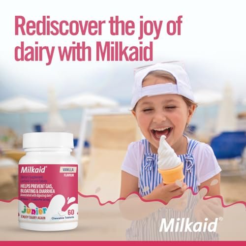Milkaid Junior Lactase Enzym Kautabletten für Kinder bei Laktoseintoleranz | Verhindert Blähungen, Völlegefühl, Durchfall | Schnell wirkendes Milchzucker-Verdauungsergänzungsmittel für Kinder | 60 Tabletten (Vanillegeschmack)